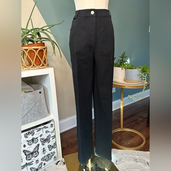 St. John Pants - St. John Caviar Black Straight-Leg Pants Stretch Cotton Gold Hardware Size 12